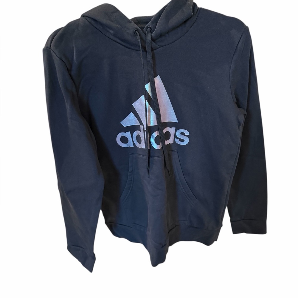 Adidas Black Shiny Logo Hooded Sweatshirt- Large